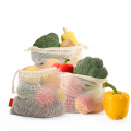 Sacs de stockage de fruits de légumes de maille de coton biologique lavable réutilisable qui respecte l&#39;environnement pour le sac à provisions de cuisine avec le cordon